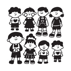  Set of Cute Children Cartoon Sketches with Silhouette on White Background.