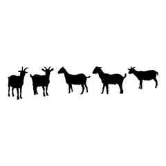 Simple black silhouettes of four goats, arranged in a horizontal row against a plain white background.