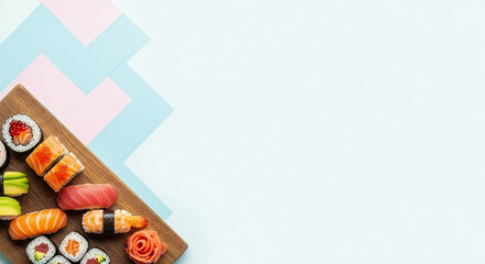 Creative Sushi Composition: Assorted Rolls on Wooden Board with Pastel Geometric Background, Minimalist Food Photography with C...