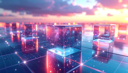 Digital cityscape of glowing cubes