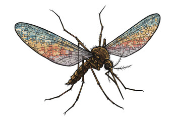 Detailed Mosquito Illustration with Puzzle Piece Wing Design.