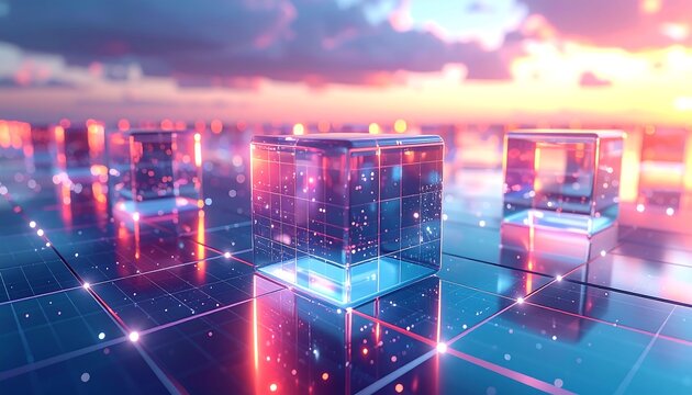Digital cityscape of glowing cubes - Powered by Adobe