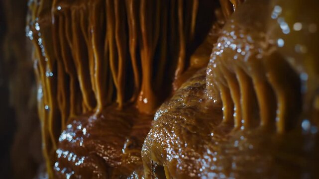 A detailed close-up of intricate flowstone formations, glistening from residual moisture within a damp cave nature, mysterious, earth