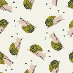 Pattern with snails in green colors. For fabric, package, banner. Childish print