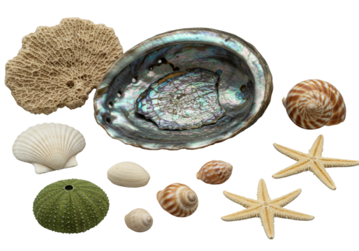 Dramatic macro of a fractured iridescent abalone shell exposing its rainbow nacreous interior, surrounded by diverse marine objects on a transparent background, concept of oceanic natural beauty