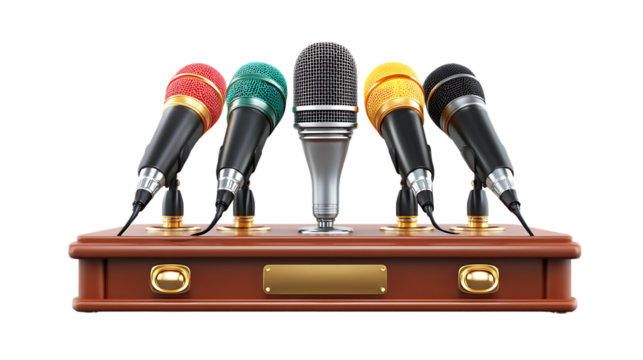 Five microphones on a wooden stand isolated on transparent background