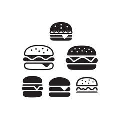 Set of different type of logotype icons burger silhouettes in white background.