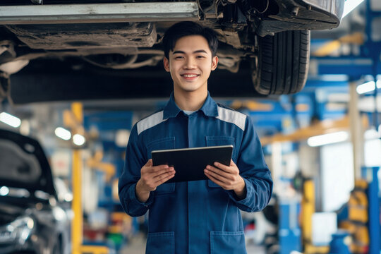 Mechanic with Tablet in Auto Shop