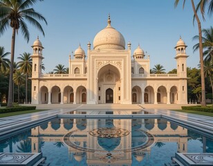 Obraz premium Majestic white palace with ornate details and reflecting pool surrounded by palm trees.