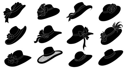 Silhouette illustration of twelve different women's hats with various decorations.