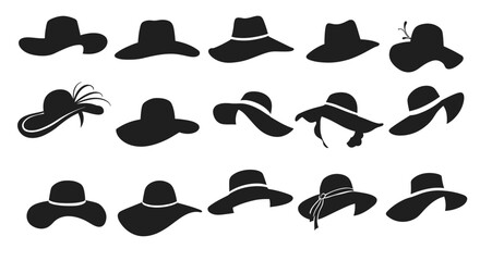 Collection of silhouette hats, various styles, black and white.