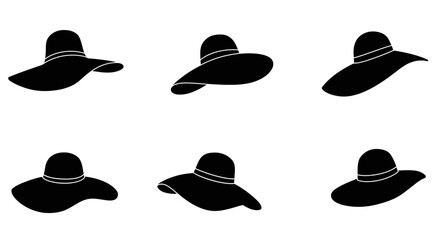 Six black silhouette images of floppy hats with a band around the crown.