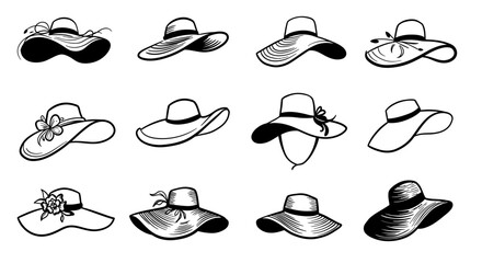 Collection of twelve different sun hats with wide brims, some decorated with flowers and ribbons.