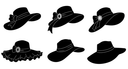Six black silhouette hats with ribbons and embellishments.