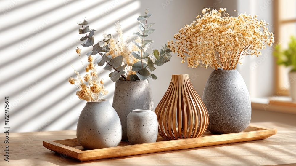 Poster five elegant concrete and stone bottles of varying sizes are arranged on a shelf with dried flowers 