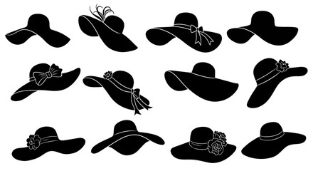 Collection of black silhouette hats with wide brims and decorative elements.