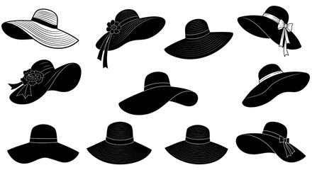 Collection of black and white illustrations of various women's hats with wide brims and decorative elements.