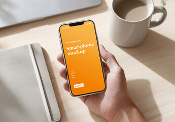 Smartphone screen mockup of hand holding mobile phone on office desk