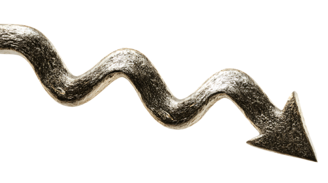 Metallic wavy arrow pointing down isolated on transparent background