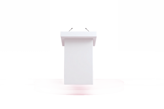 White podium with microphones on pink stage, isolated on white transparent background