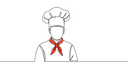Outline drawing of chef wearing hat and red scarf in minimalist style with copy space