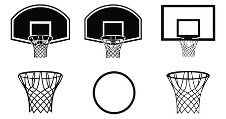 Vector art of various basketball hoops and nets isolated on white background, showcasing different designs and styles for sports equipment and athletic activities, vector illustration © RABBI