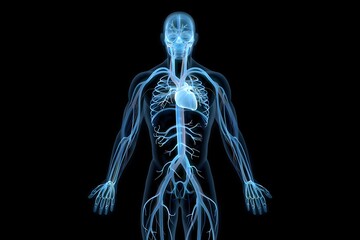 Human circulatory system anatomy with veins and arteries illustration on dark background