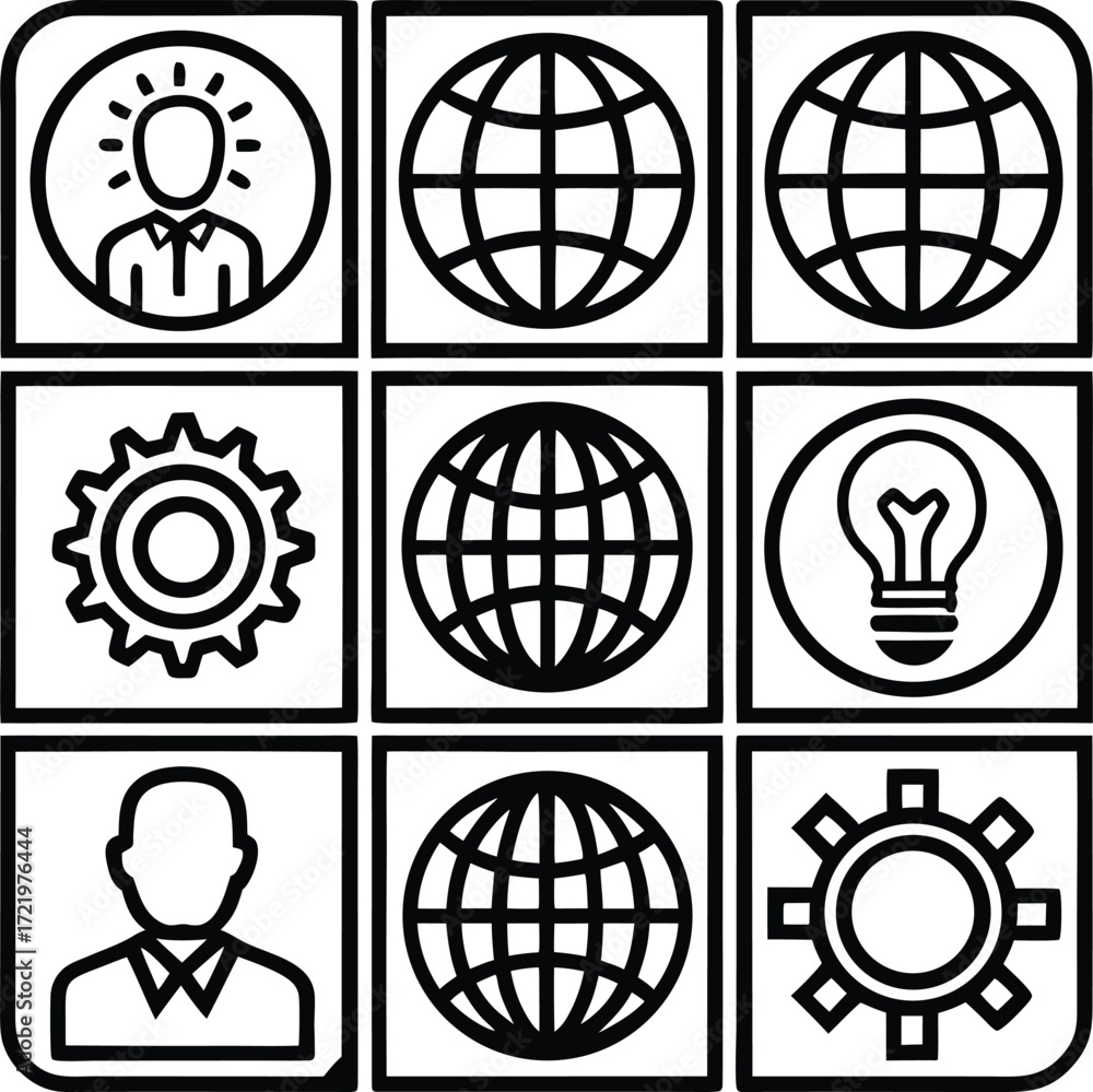 Poster nine grid icon set featuring global business innovation strategy and teamwork concepts for digital p