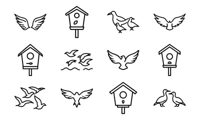 Birdhouse and Bird Icons Collection – Flying Birds, Bird Wings, Birdhouse Outline, and Minimalist Bird Line Art on White Background