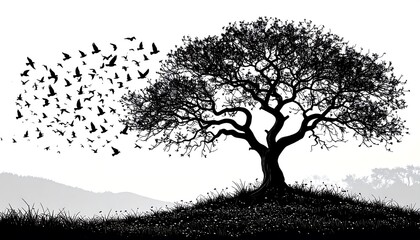 Silhouette of a tree with birds taking flight