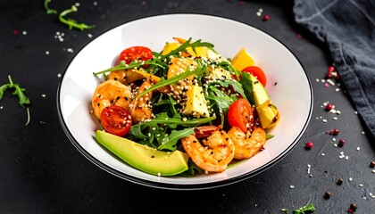 Fresh shrimp salad with mango, avocado, and arugula