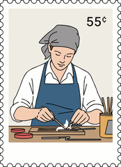 A postage stamp depicting an artisan. A symbol of preserving heritage, disappearing professions, manual labor, and traditional skills in the modern era.