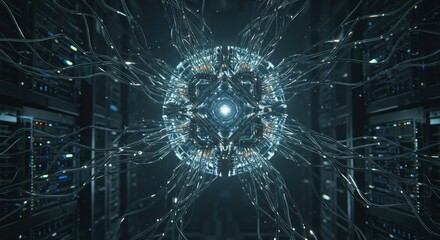 Futuristic server room with glowing central core and cables