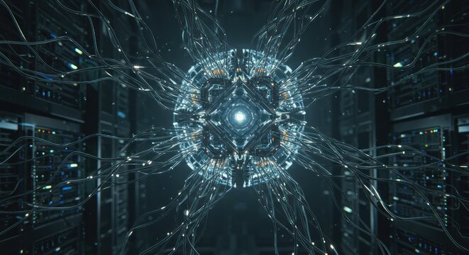 Futuristic server room with glowing central core and cables