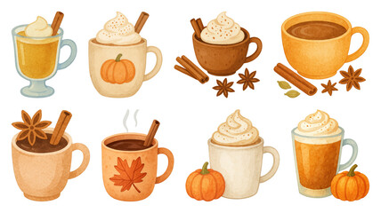 PNG Cozy autumn drinks illustration, element set on transparent background
