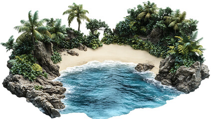Tropical island cove with sandy beach turquoise water and lush green foliage on rocky outcrops graphic cutout PNG isolated on a transparent background