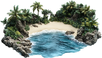 Tropical island cove with sandy beach turquoise water and lush green foliage on rocky outcrops graphic cutout PNG isolated on a transparent background