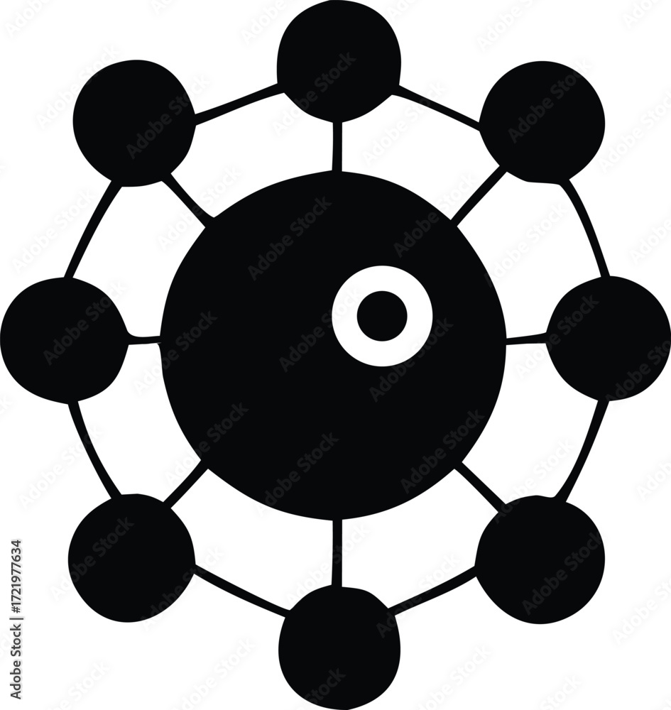 Poster abstract circular network structure with central eye-like element and connected outer nodes symbol