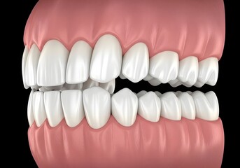 Obraz premium Close up view of teeth and gums with a slightly crooked tooth on a black background display