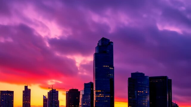 City skyline at sunset with vibrant purple and orange clouds