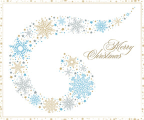 Christmas illustration. swirling streams of snowflakes with Merry Christmas greeting in elegant gold script. Festive Christmas cards, invitations, or website banners.