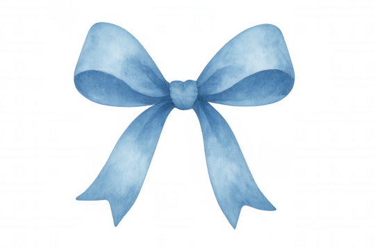Blue watercolor ribbon bow decorates gifts and celebrations, using a transparent background for versatile use