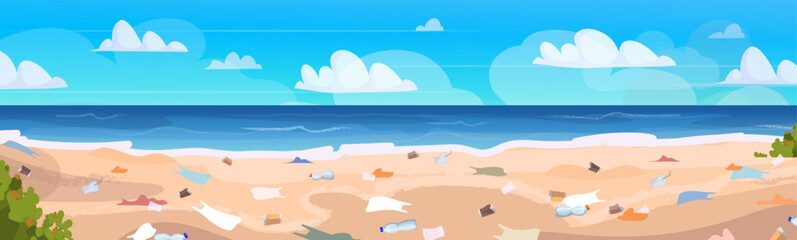 Pollution on a tropical beach with plastic debris and trash contaminating the natural coastline. Environmental pollution. Ecological problem. Vector Not AI generated