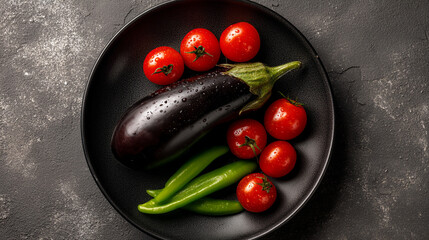 Still life of eggplant, cherry tomatoes, and green peppers on a black plate on dark surface