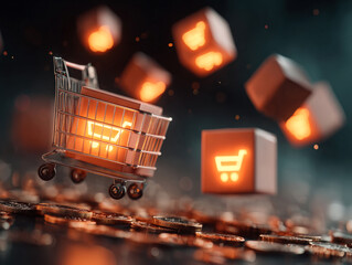 Futuristic shopping cart with glowing digital icons and coins, symbolizing e-commerce, online shopping, retail, consumerism, and modern financial technology.  
