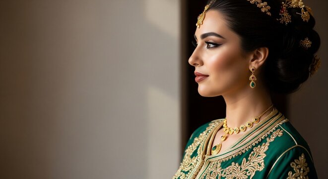 Elegant profile portrait of a beautiful bride in a traditional green caftan