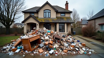 A large pile of household junk and debris sits in front of a suburban house indicating a major cleanup or renovation project underway