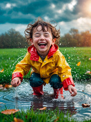Child enjoys playing in puddles on a rainy day in a park