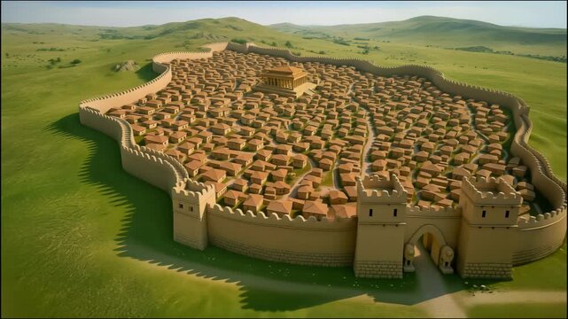 Aerial view of Hattusa - the capital of the Hittite Empire in the late Bronze Age. AI generative visualization

