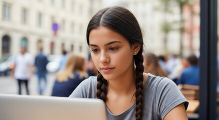 Young Woman Working at Café Table in City Environment